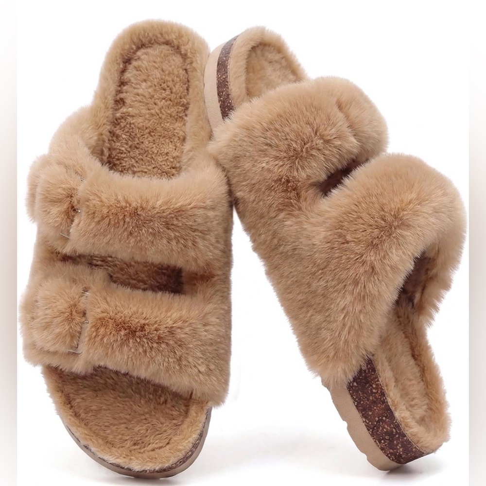 Fuzzy Faux Fur Adjustable Slippers Size 38